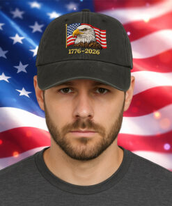 Eagle And American flag 1776–2026 Washed Baseball Cap, Faux Embroidery, Printed Vintage Cotton Twill