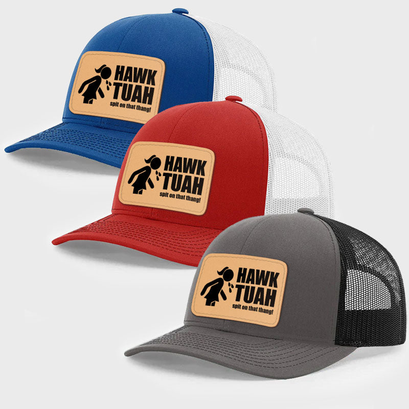 Hawk Tuah Spit On That Thang Girl Silhouette, Personalized Trucker Leather Patch Hat, Election 2024, Trending Hat - Image 2