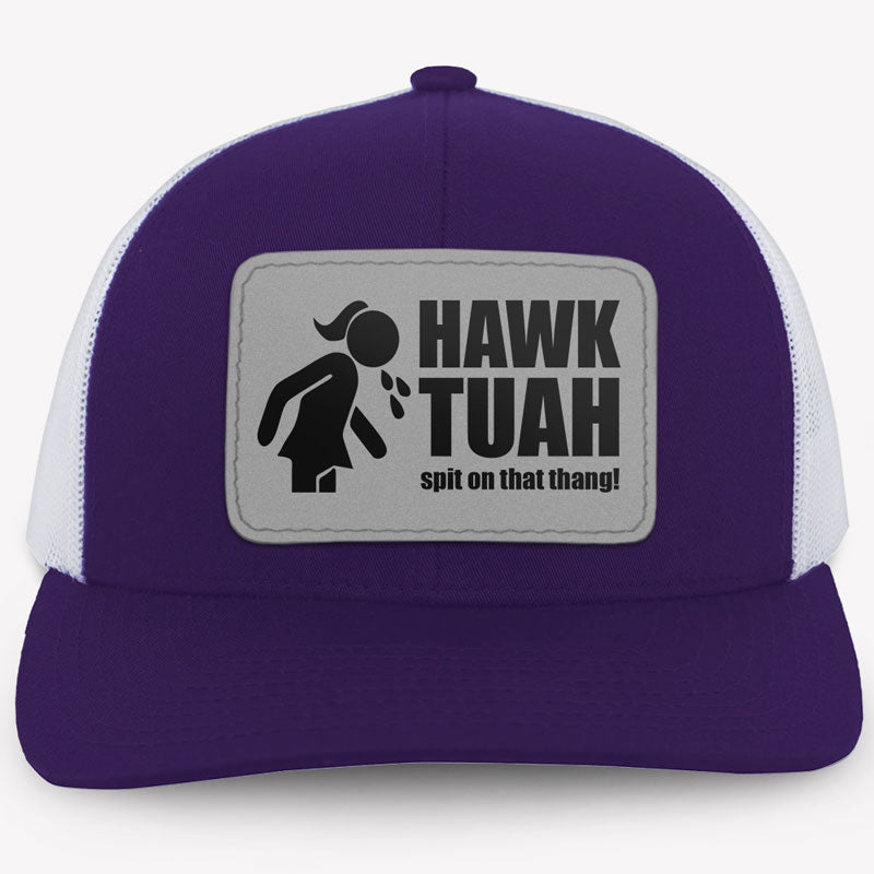 Hawk Tuah Spit On That Thang Girl Silhouette, Personalized Trucker Leather Patch Hat, Election 2024, Trending Hat - Image 3
