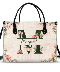 Floral Monogram Name - Gift For Her - Personalized Leather Bag