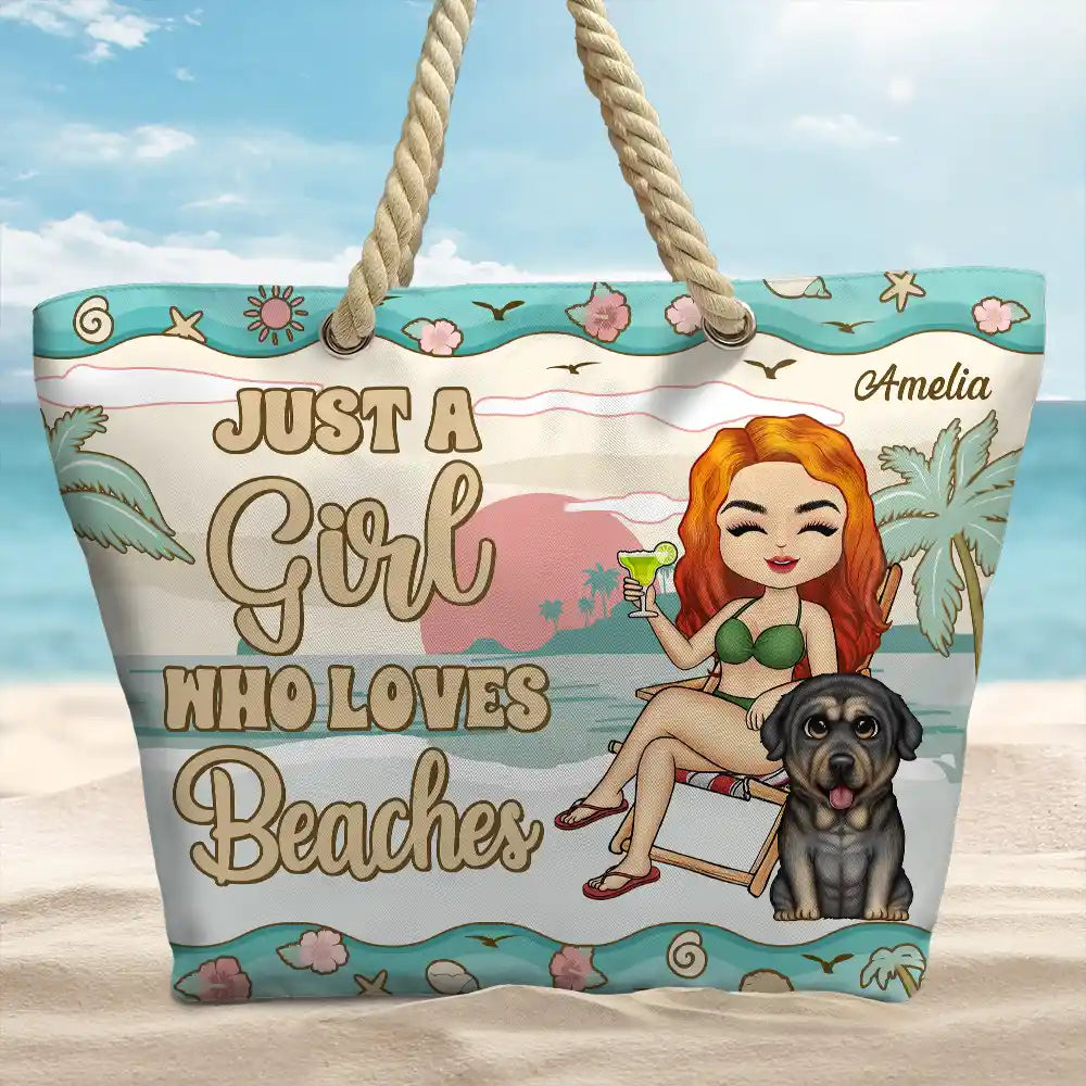 The Beach Is Calling And I Must Go Chibi Girl Dog Cat - Personalized Beach Bag - Image 2
