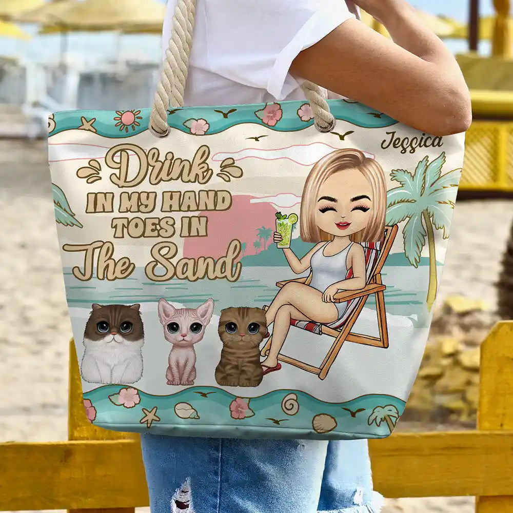The Beach Is Calling And I Must Go Chibi Girl Dog Cat - Personalized Beach Bag - Image 3