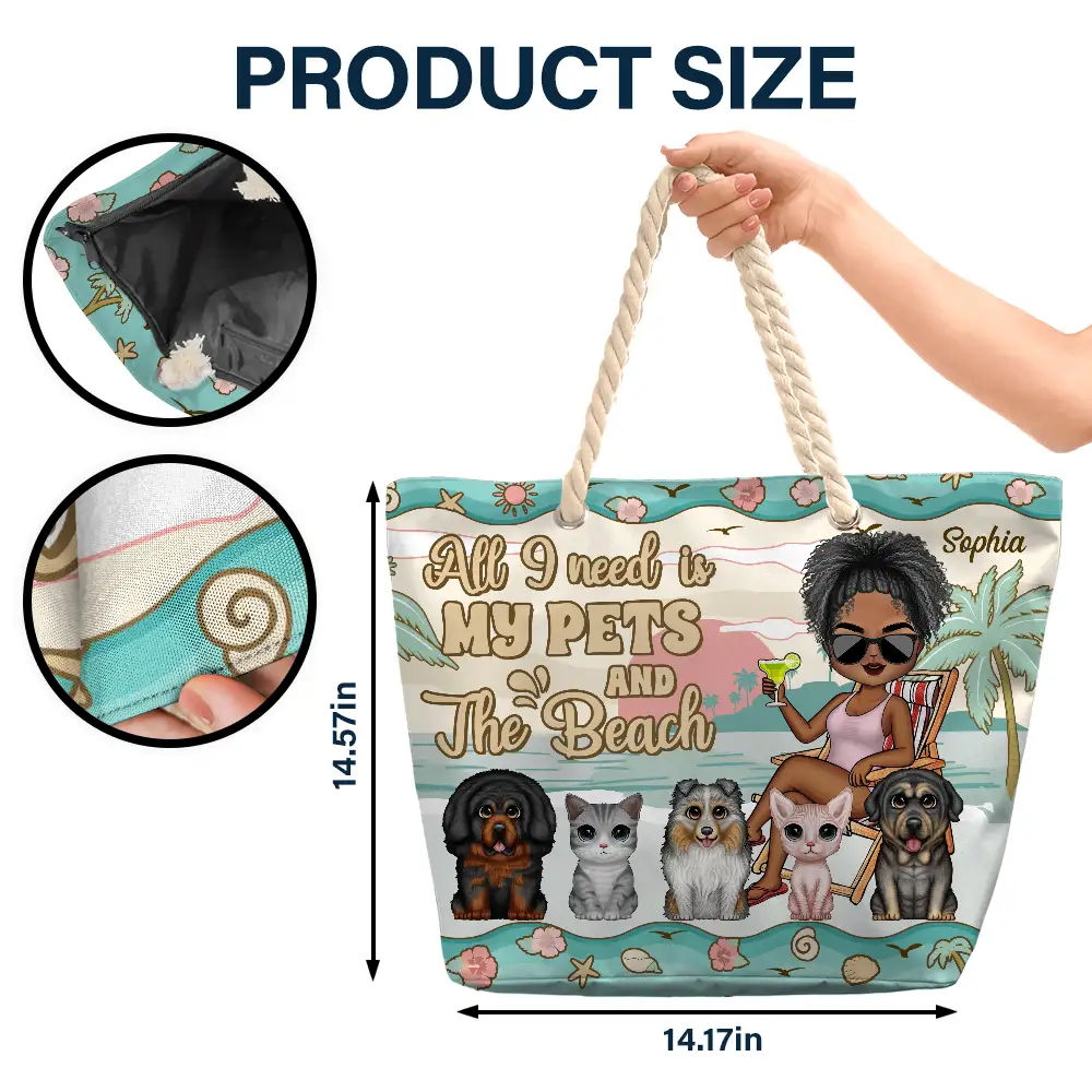 The Beach Is Calling And I Must Go Chibi Girl Dog Cat - Personalized Beach Bag - Image 5