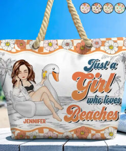 Flamingo Float Just A Girl Who Loves Beach - Personalized Beach Bag