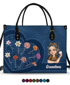 Grandma Birth Month Flowers Kids - Personalized Leather Bag