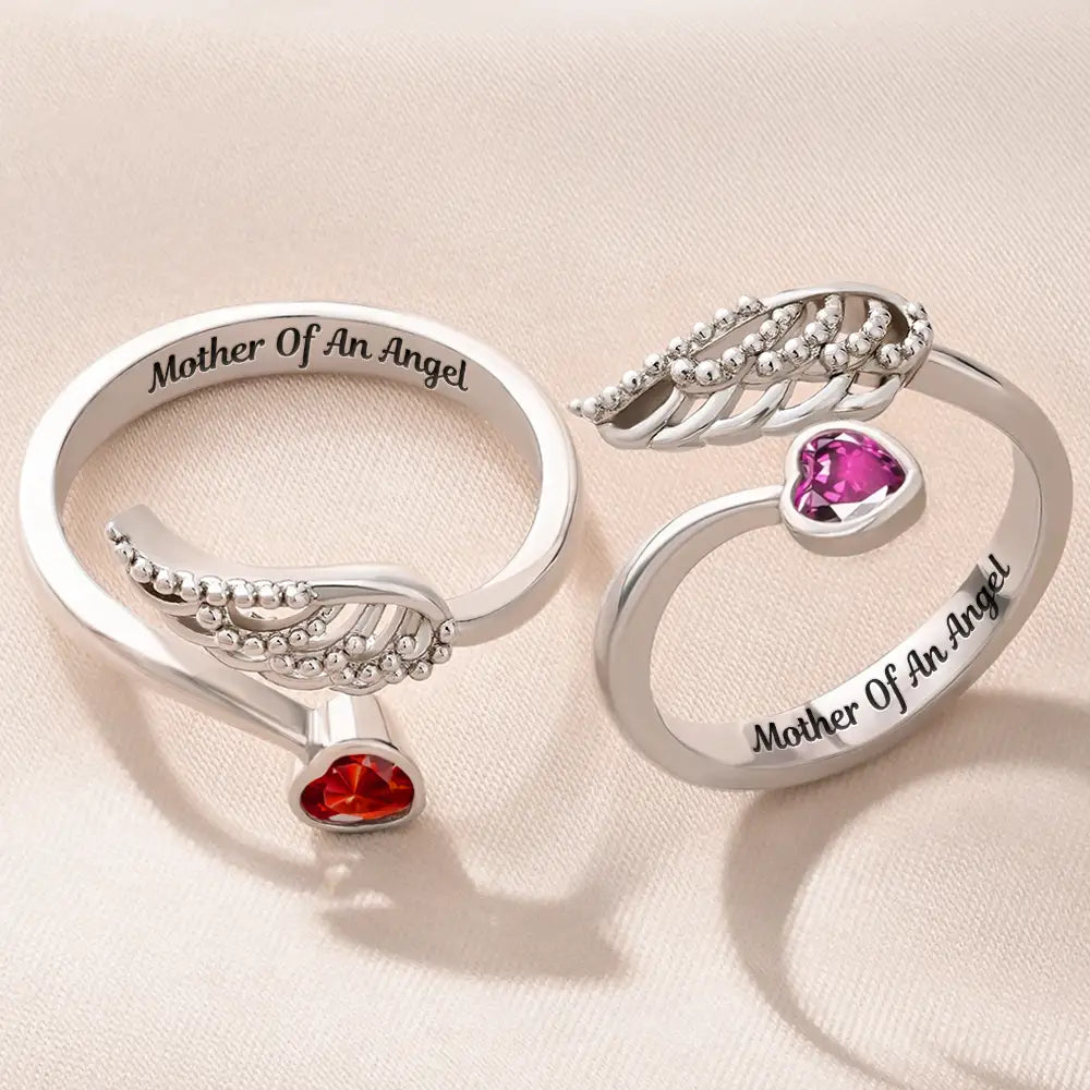 Baby Loss Mom Of An Angel - Personalized Wing And Heart Birthstone Ring - Image 2