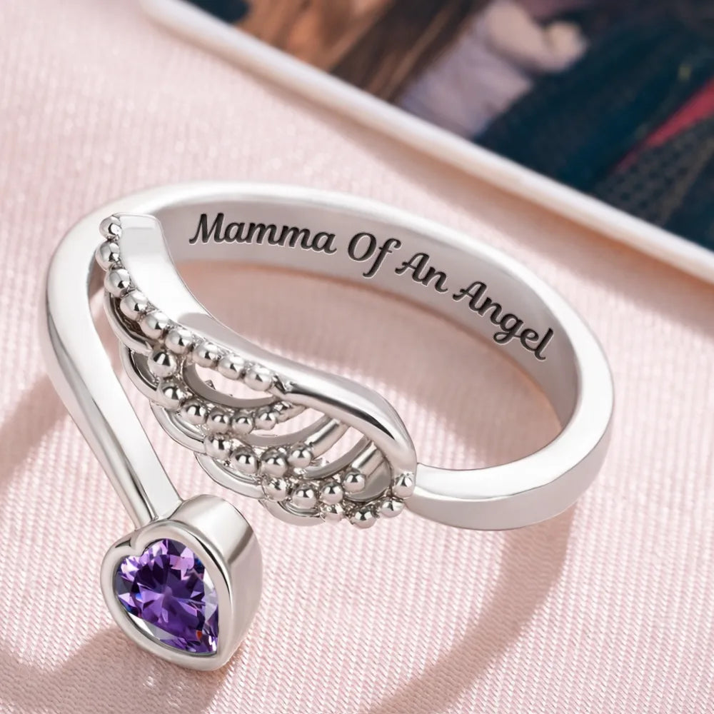 Baby Loss Mom Of An Angel - Personalized Wing And Heart Birthstone Ring - Image 4