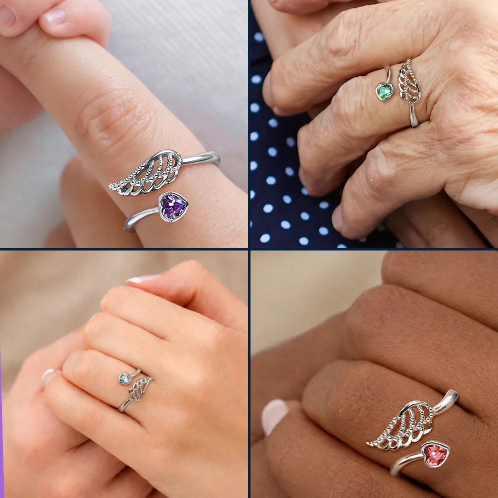 Baby Loss Mom Of An Angel - Personalized Wing And Heart Birthstone Ring - Image 6