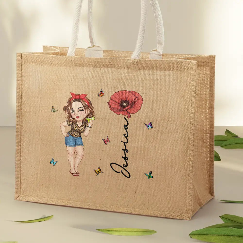 Birth Month Flowers Summer Girl At The Beach - Personalized Jute Beach Bag - Image 2