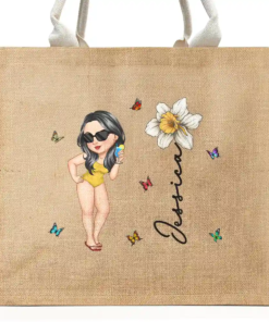 Birth Month Flowers Summer Girl At The Beach - Personalized Jute Beach Bag