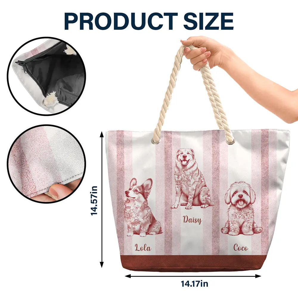 Chinoiserie Toile Dog On Stripes - Personalized Beach Bag - Image 5