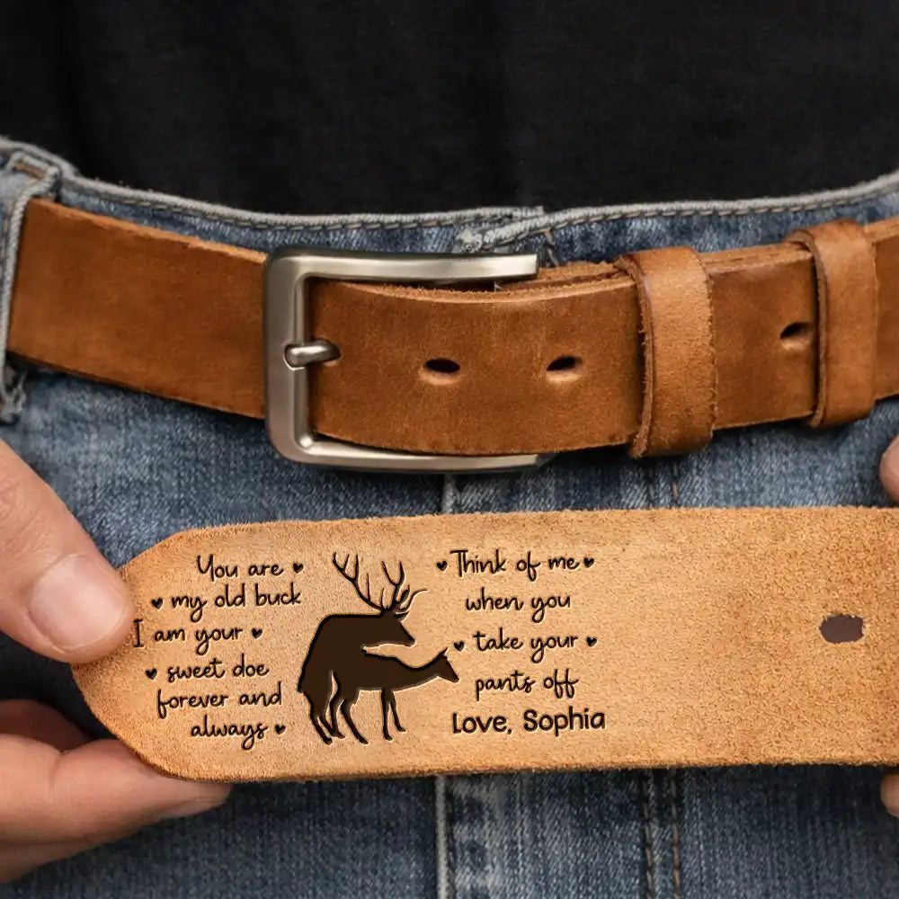 Couple Old Buck Sweet Doe - Personalized Cowhide Leather Belt - Image 3