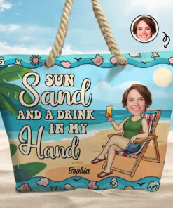 Custom Photo Sun Sand And A Drink In My Hand - Personalized Beach Bag