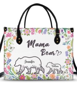 Floral Mama Bear - Gift For Mother - Personalized Leather Bag