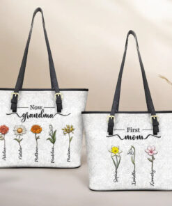 First Mom Now Grandma 3D Effect Birth Flowers - Personalized Leather Tote Bag