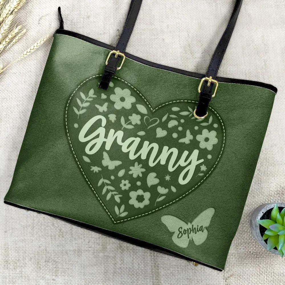 Grandma Leather Floral - Personalized Leather Tote Bag - Image 4