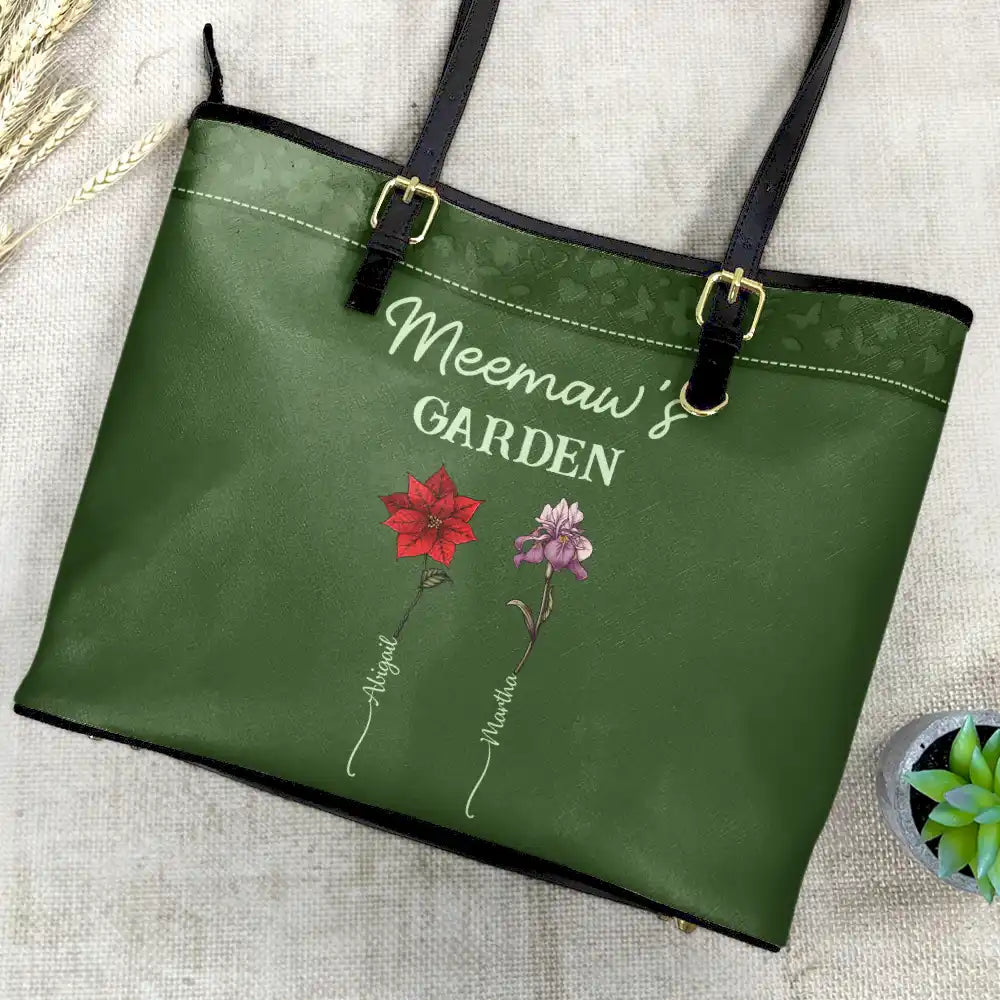 Grandma's Garden Birth Flower - Personalized Leather Tote Bag - Image 4