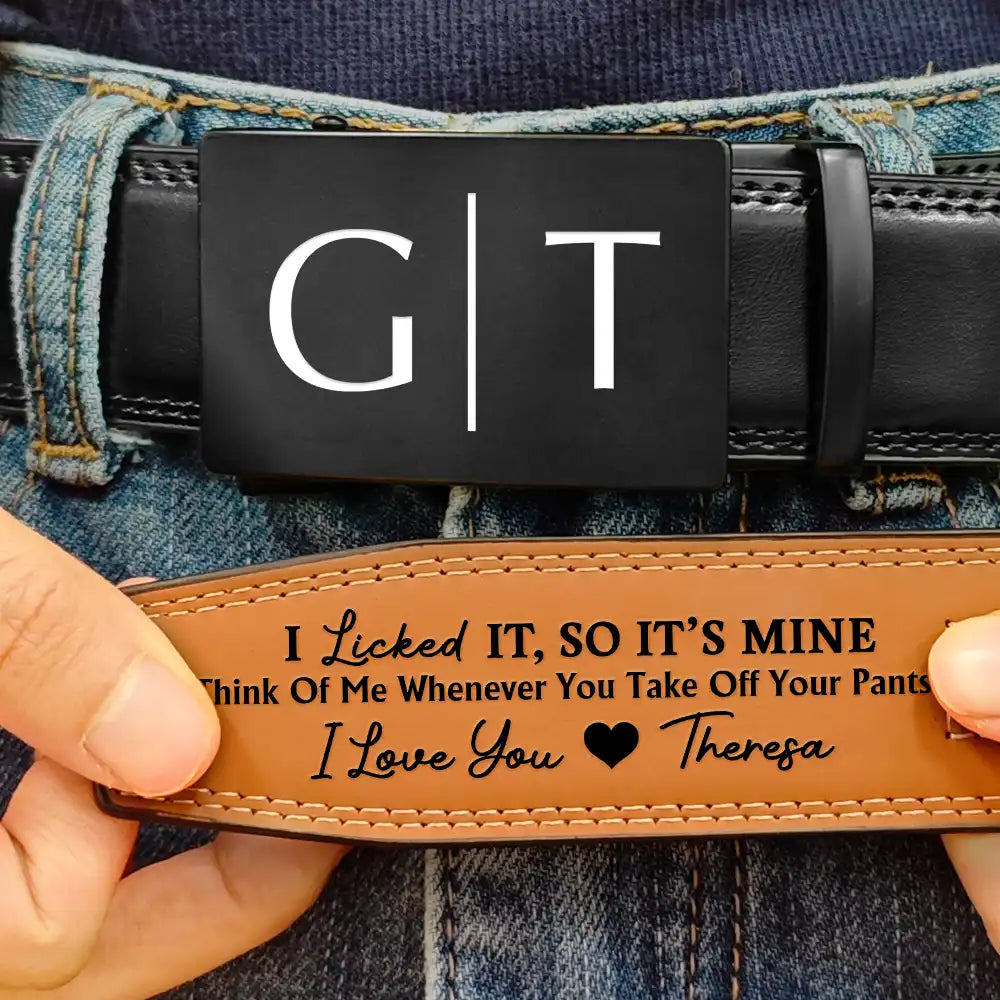 I Licked It So It's Mine Couple Initials - Personalized Leather Belt With Engraved Buckle - Image 3