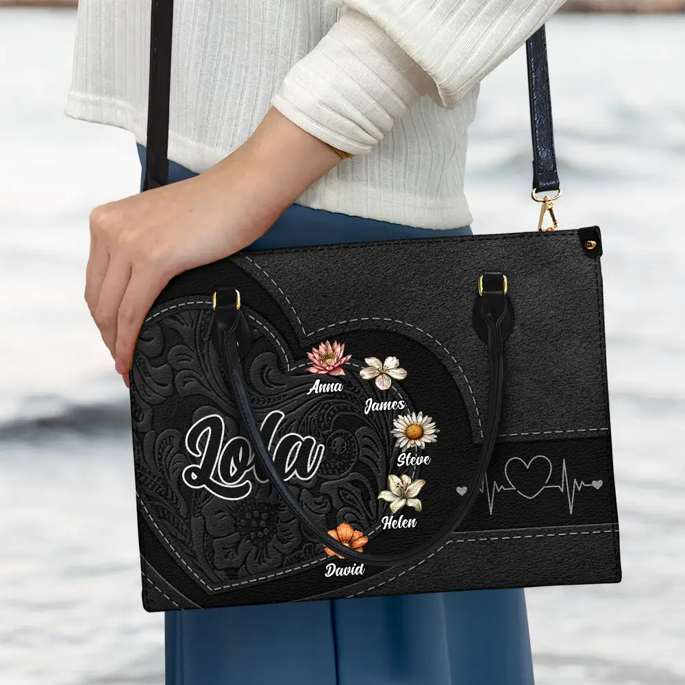 Grandma Mom Kids Birth Flowers Blooming In Love - Personalized Leather Bag - Image 3
