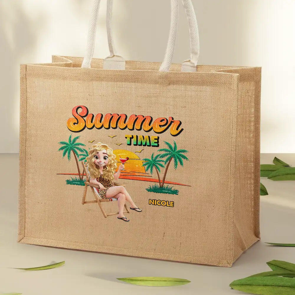 Summer Time Just A Girl Who Loves Beach - Personalized Jute Beach Bag - Image 2