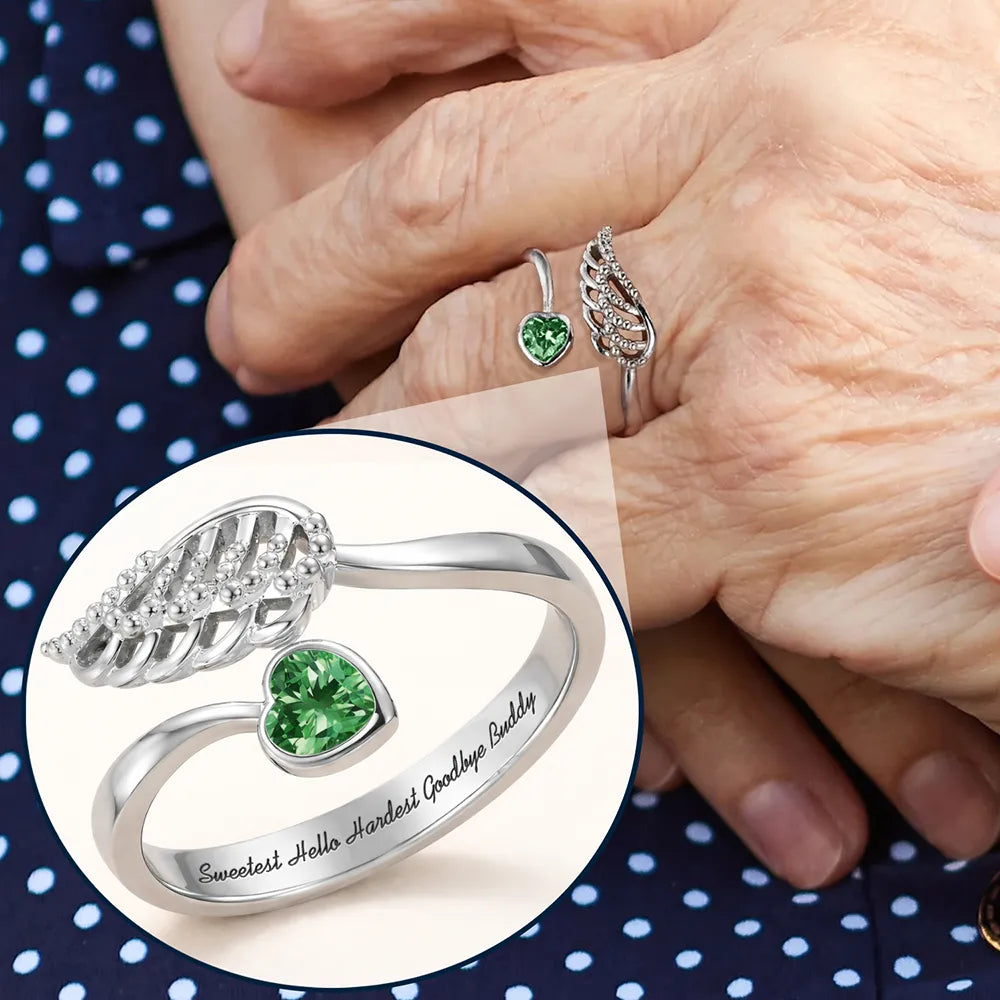 Sweetest Hello Hardest Goodbye - Personalized Wing And Heart Birthstone Ring