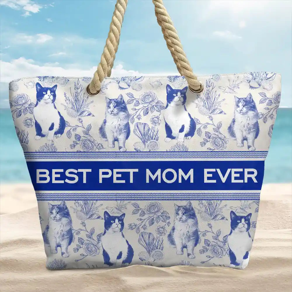 Custom Photo Pencil Sketch Art Dog Mom Pet Mom Toile Pattern - Personalized Beach Bag - Image 3