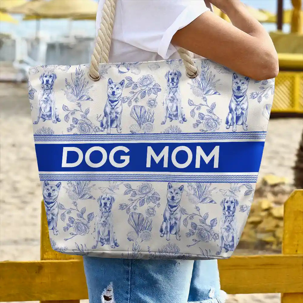 Custom Photo Pencil Sketch Art Dog Mom Pet Mom Toile Pattern - Personalized Beach Bag - Image 4