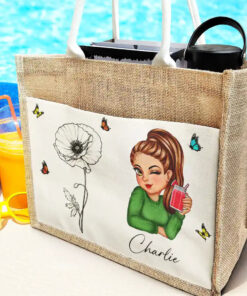 Alternative view of Line Wild Flower Cartoon Woman - Personalized Jute Tote Bag