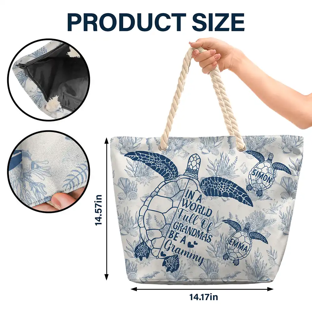 Toile De Jouy World Full Of Grandmas - Personalized Beach Bag - Image 5
