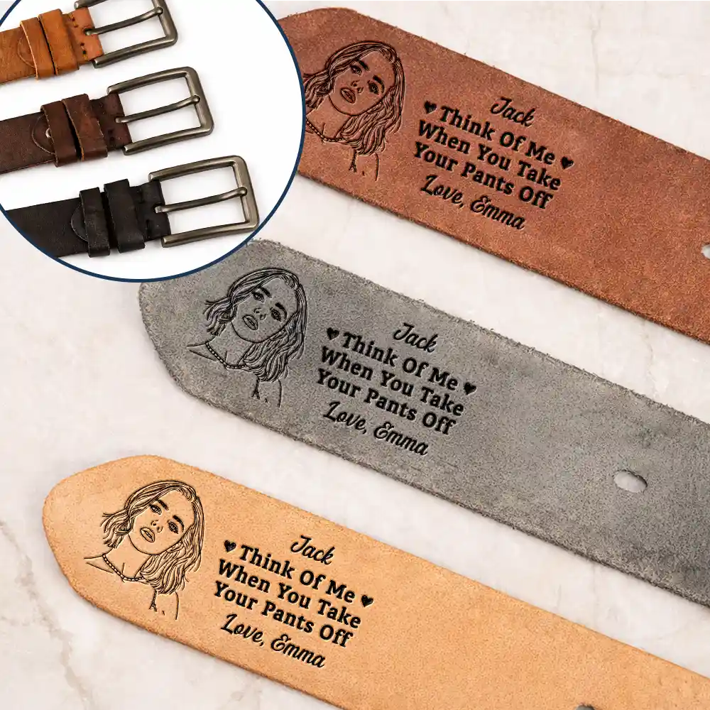 Custom Photo Outline Sketch Couple Think Of Me When You Take Your Pants Off - Personalized Cowhide Leather Belt - Image 3