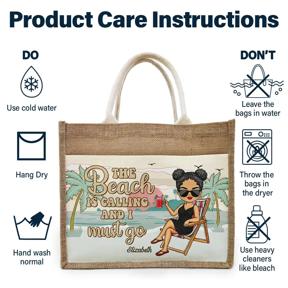 The Beach Is Calling And I Must Go - Personalized Jute Tote Bag - Image 6
